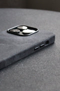 Close-up of a gray phone case on a textured surface