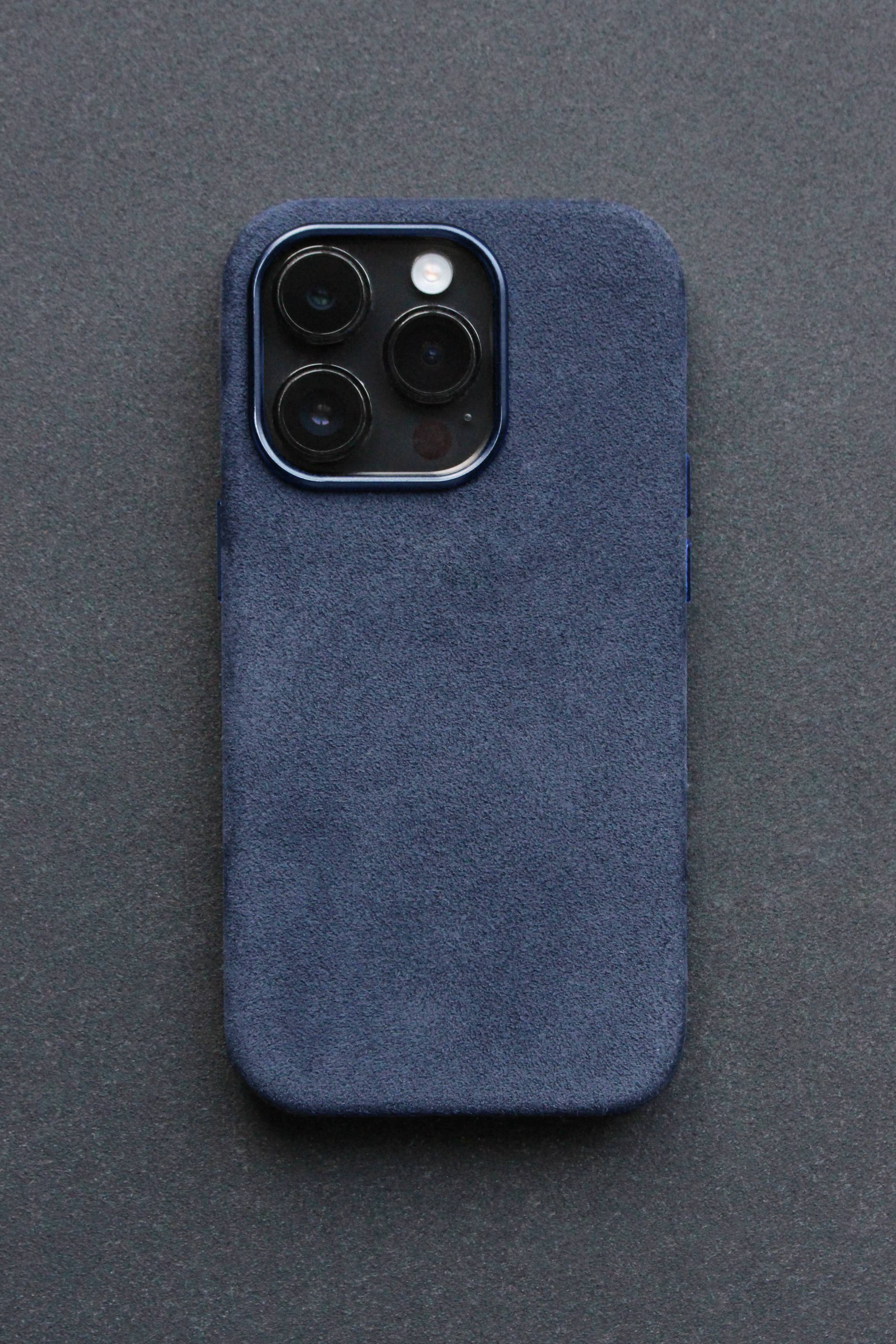 Blue phone case on a gray background